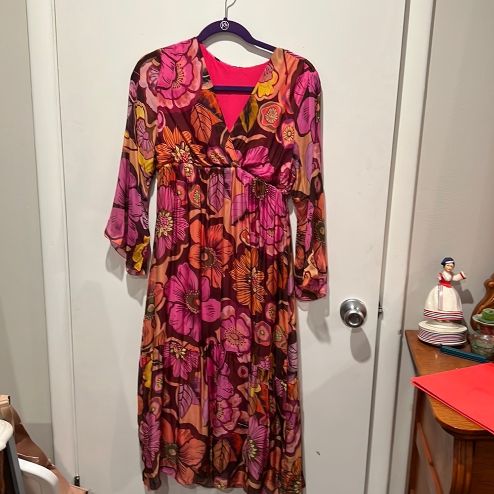 Beautiful NWOT Pink and Purple Calf length Dress. Small Brand unknown.